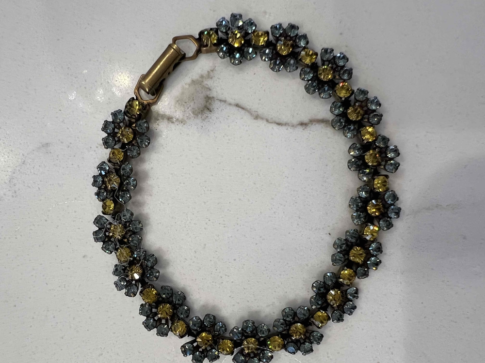 Liz Palacios Gold/Blue Bracelet Flower Austrian Crystal Antique
